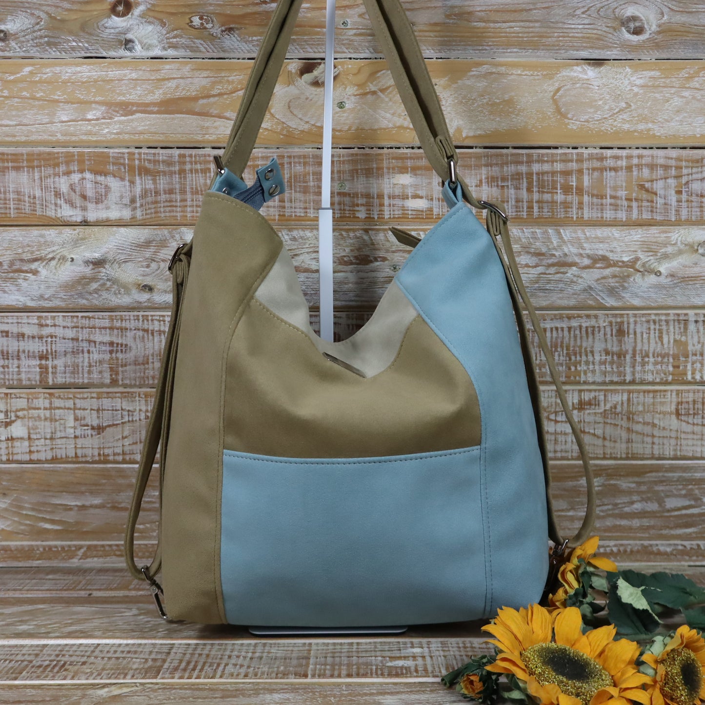Borsa zaino Anselmina cammello azzurro