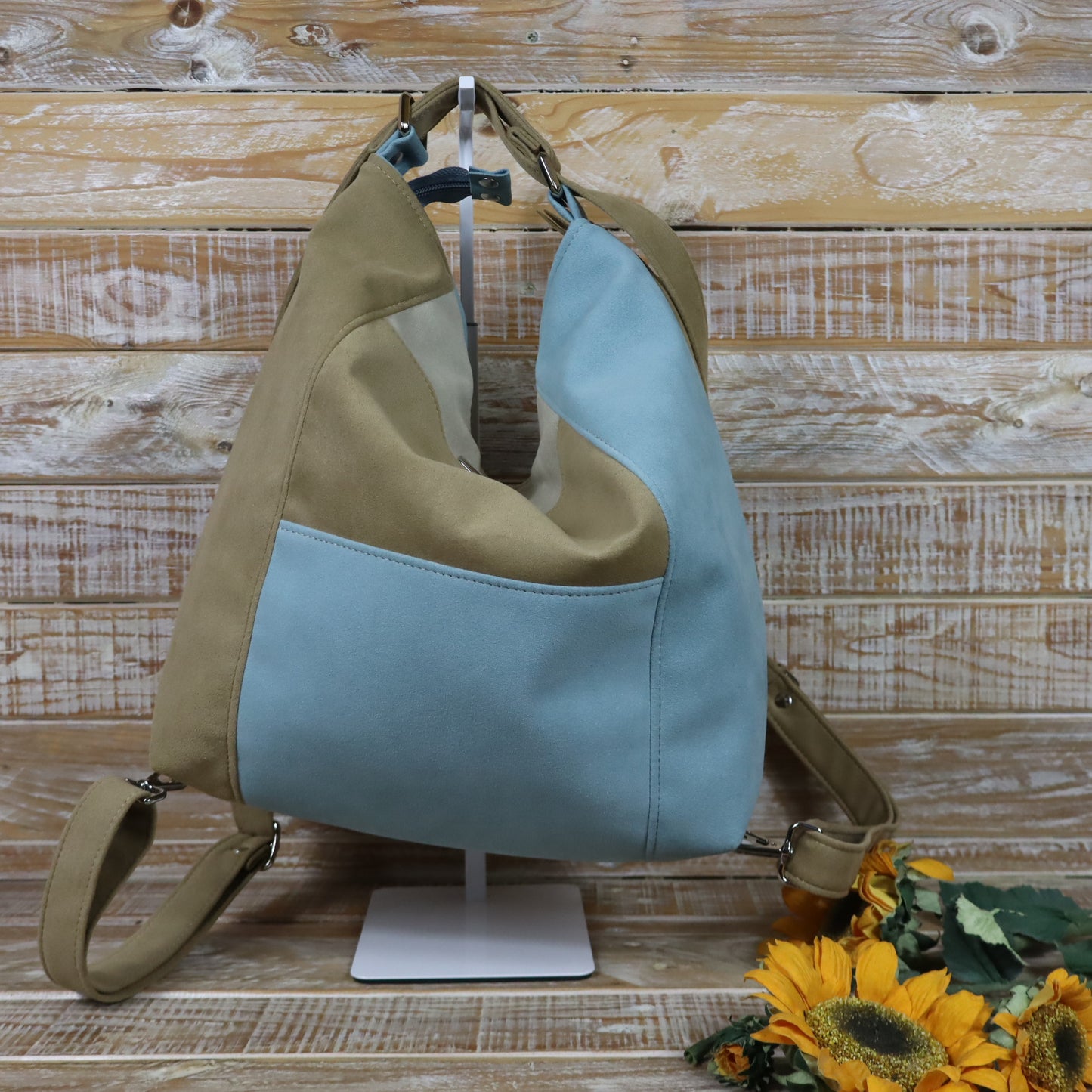 Borsa zaino Anselmina cammello azzurro